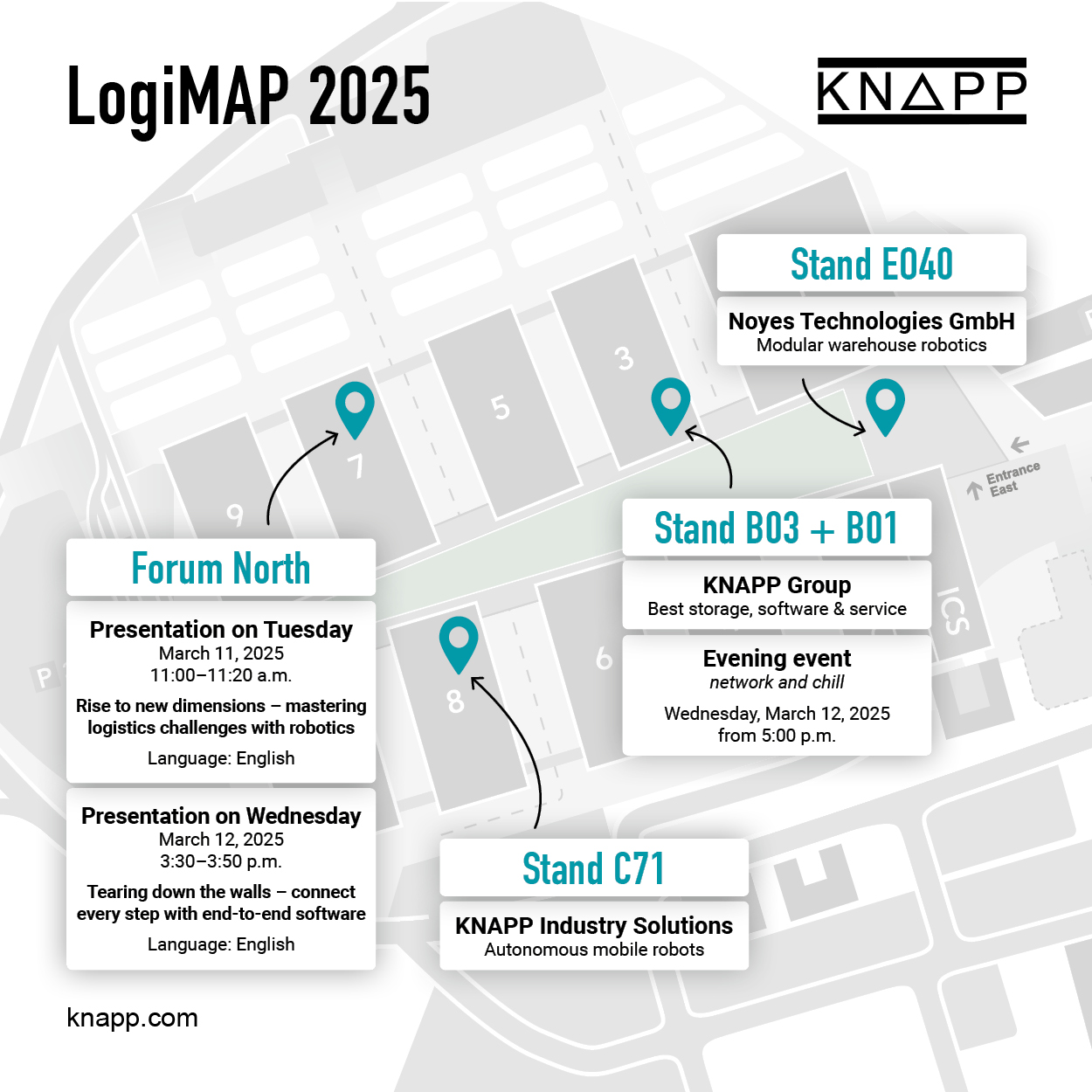 Map of KNAPP AG's booths at LogiMAT 2025